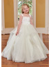 Gathered Neck Ivory Satin Tulle Ruffled Flower Girl Dress